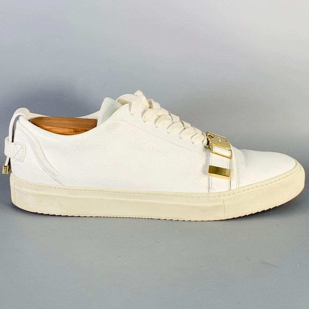 BUSCEMI Size 13 White Pebble Grain Leather Buckle Cap Toe Low Top Sneakers