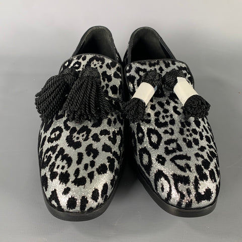 JIMMY CHOO Foxley Size 7 Silver Black Medusa Jacquard Tassels Loafers