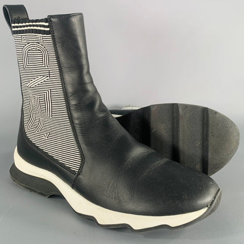 FENDI Size 6 Black White Leather Knit Sock Boots