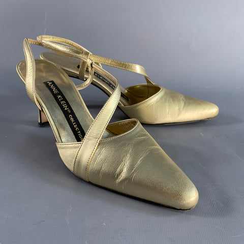 ANNE KLEIN Size 6.5 Gold Leather Ankle Strap Pumps