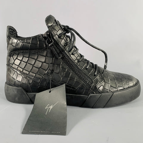 GIUSEPPE ZANOTTI Size 9 Black Croc Embossed Leather High Top Sneakers