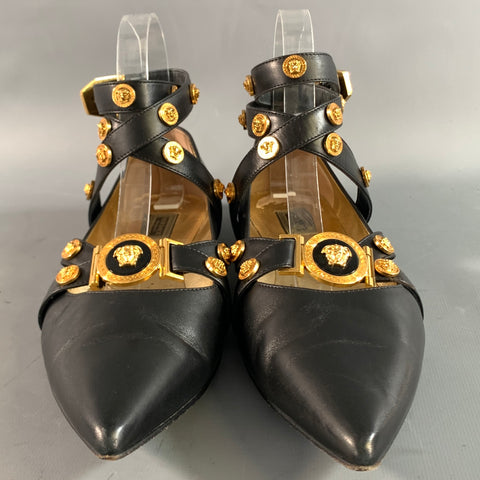 VERSACE Size 6 Black Gold Leather Medusa Pointed Toe Flats