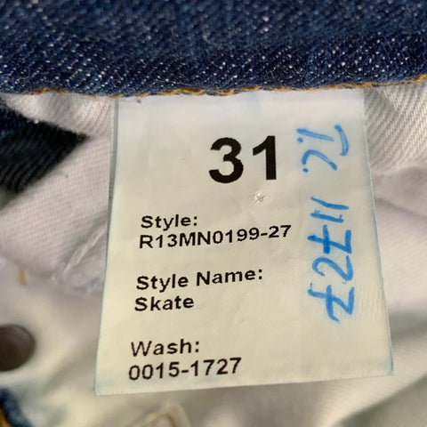 R13 SS15 Size 31 Blue Distressed Cotton Blend Slim Tapered Jeans