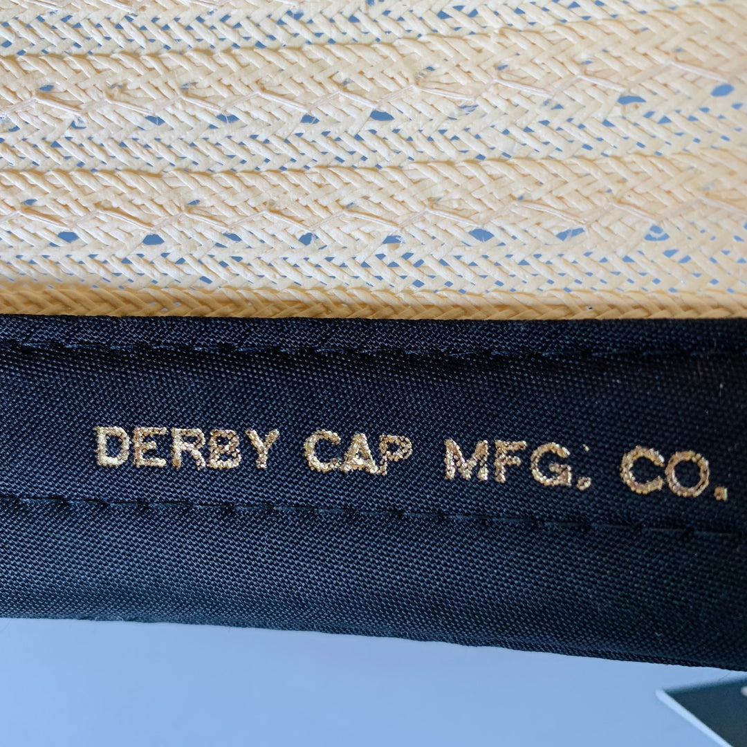 VINTAGE Size L Beige Navy Red Ribbon Trim Woven Straw Hat