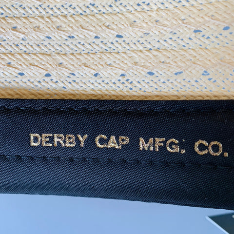 VINTAGE Size L Beige Navy Red Ribbon Trim Woven Straw Hat