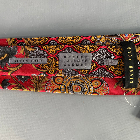 ROBERT TALBOTT Red Gold Grey Abstract Floral Silk Tie