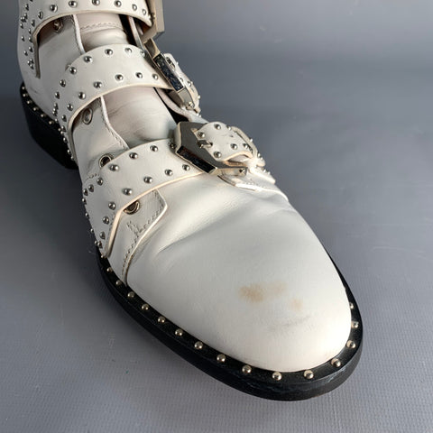 GIVENCHY Size 8 White Studded Leather Belted Boots