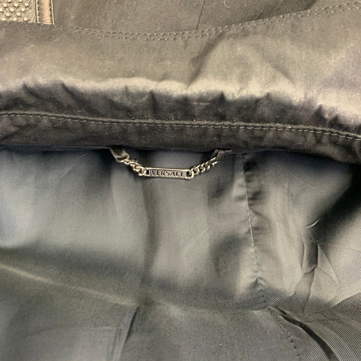 VERSACE Size M Black Silver Studded Cotton Blend Leather Trim Zip Up Jacket