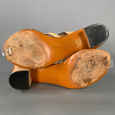 GUCCI Size 8.5 Tan Brown Leather Logo Kitten Heel Sandals