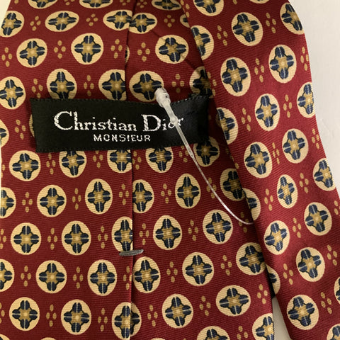 CHRISTIAN DIOR Red Tan Geometric Silk Tie