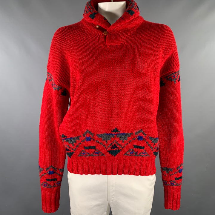 POLO by RALPH LAUREN Size XL Red Black Blue Knit Wool Shawl Sweater
