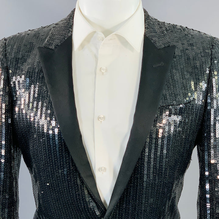 SAINT LAURENT Size 40 Black Polyester Blend Sequined Peak Lapel Sport Coat