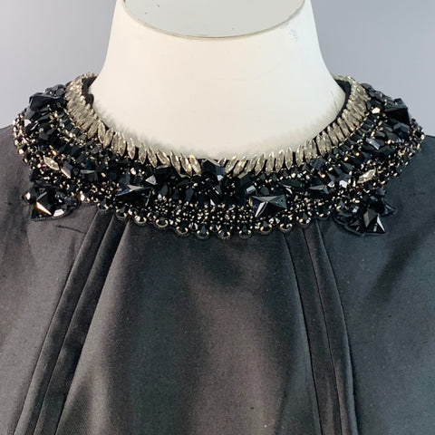 RACHEL GILBERT Size 12 Black Silk Cotton Rhinestone Collar Long Evening Gown