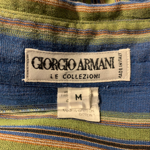 GIORGIO ARMANI Size M Blue Olive Stripe Cotton Short Sleeve Shirt