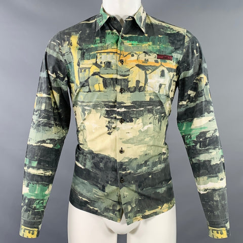 PRADA FW17 Size S Green Multi Color Landscape Print Cotton Button Up Long Sleeve Shirt