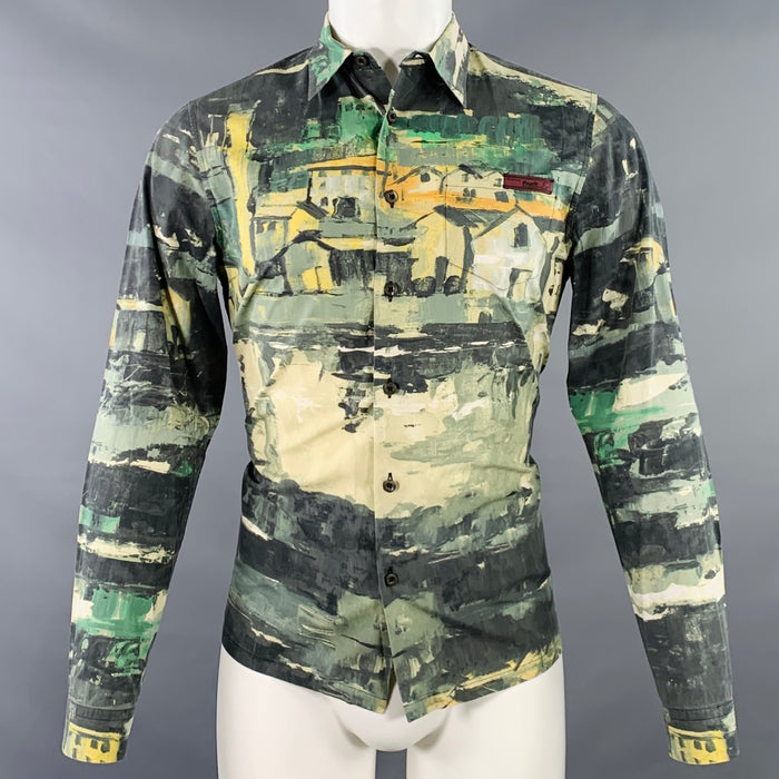 PRADA FW17 Size S Green Multi Color Landscape Print Cotton Button Up Long Sleeve Shirt