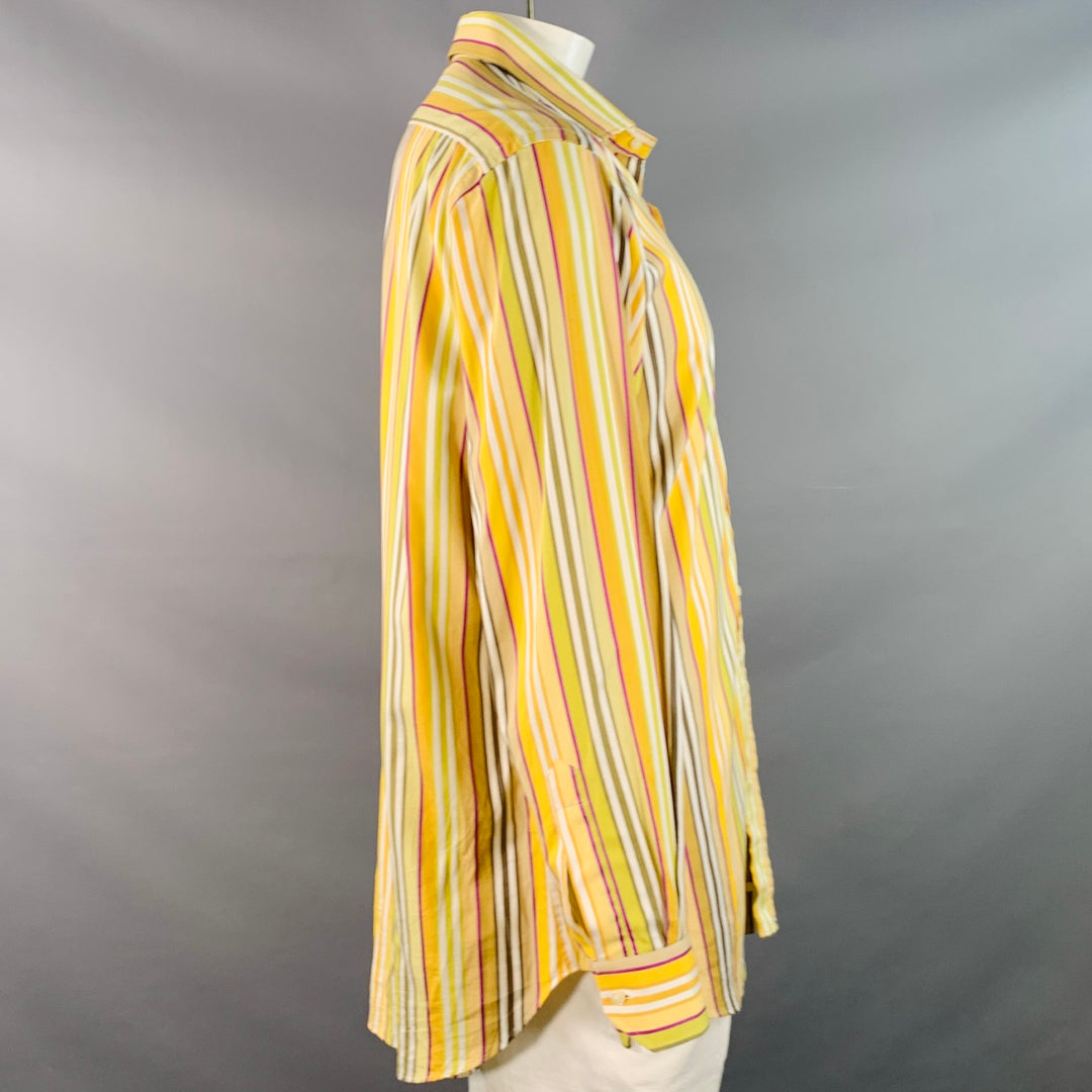 ETRO Size 44 Yellow Green White Stripe Cotton Curved Cutaway Long Sleeve Shirt