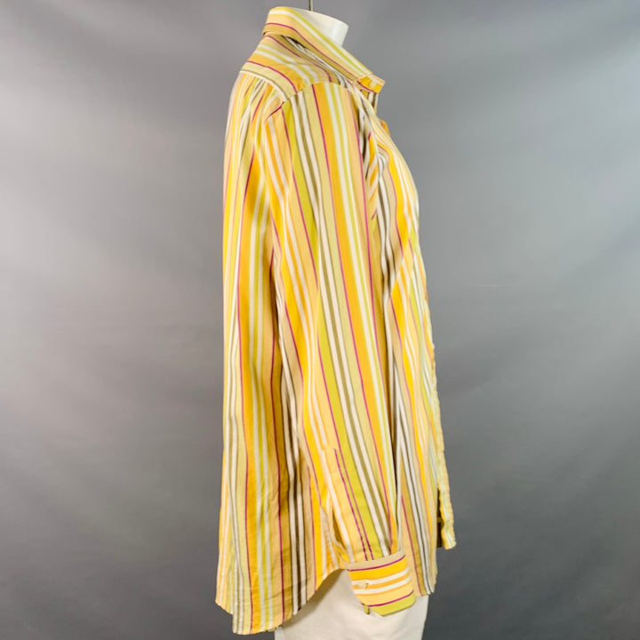 ETRO Size 44 Yellow Green White Stripe Cotton Curved Cutaway Long Sleeve Shirt
