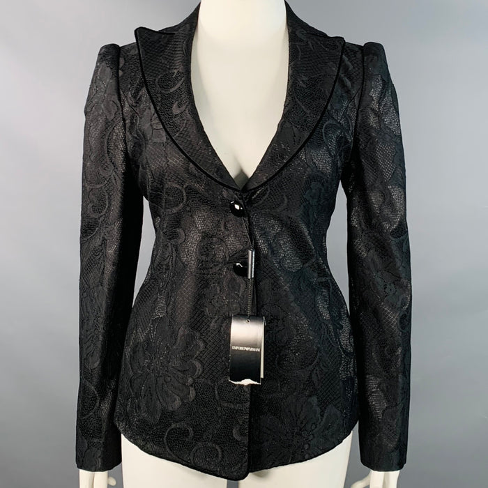 EMPORIO ARMANI Size 12 Black Polyester Blend Lace Peak Lapel Jacket Blazer