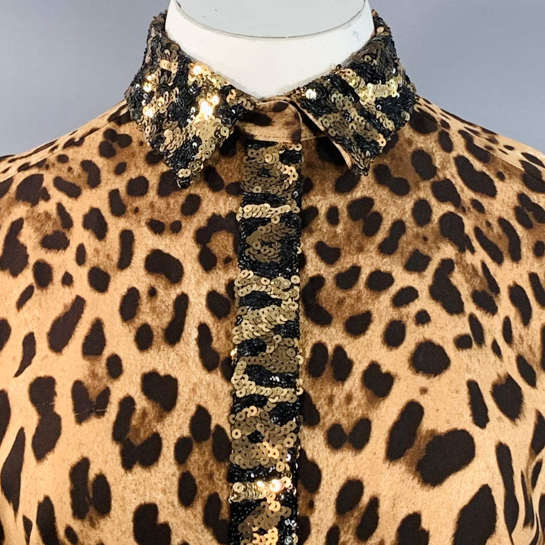 DOLCE & GABBANA Size L Brown Viscose Blend Leopard Sequin Trim Snaps Shirt