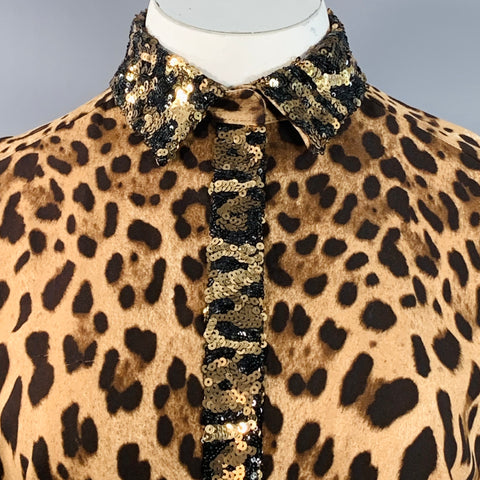 DOLCE & GABBANA Size L Brown Viscose Blend Leopard Sequin Trim Snaps Shirt