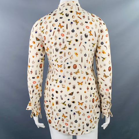 ALEXANDER MCQUEEN Size L Obsession Cream Multi Color Silk Print Collarless Blouse