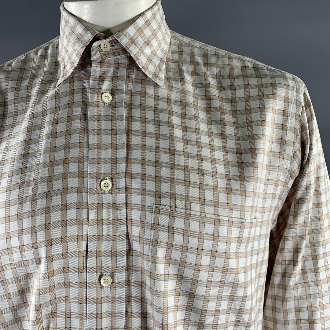 BRIONI Size L White Blue Tan Gingham Cotton Pointed Long Sleeve Shirt