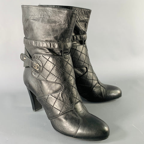 CHANEL Size 9.5 Black Leather Quilted Straps Boots