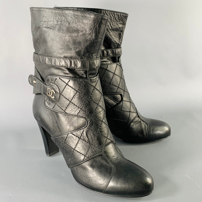 CHANEL Size 9.5 Black Leather Quilted Straps Boots
