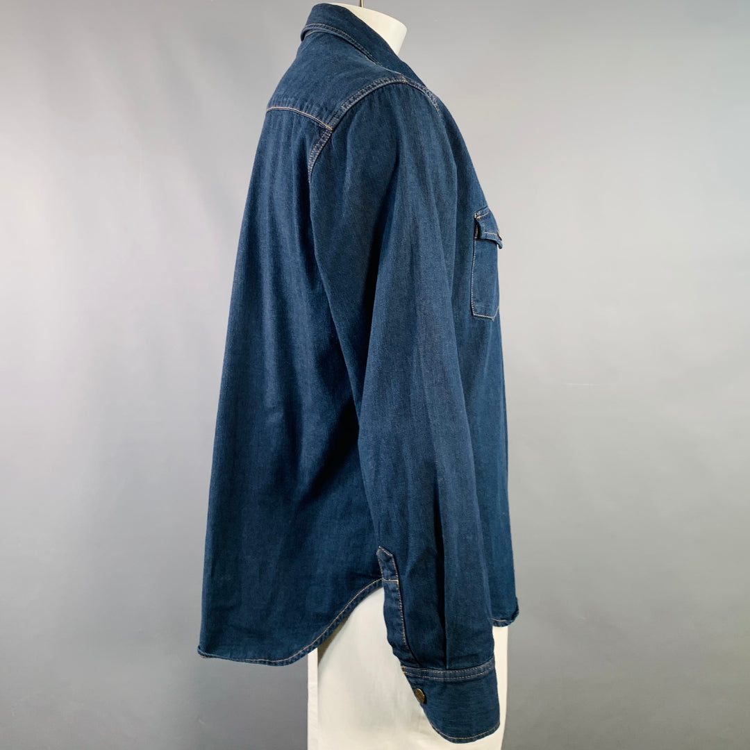 BILLY REID Size XL Shoals Blue Indigo Contrast Stitch Cotton Snaps Long Sleeve Shirt