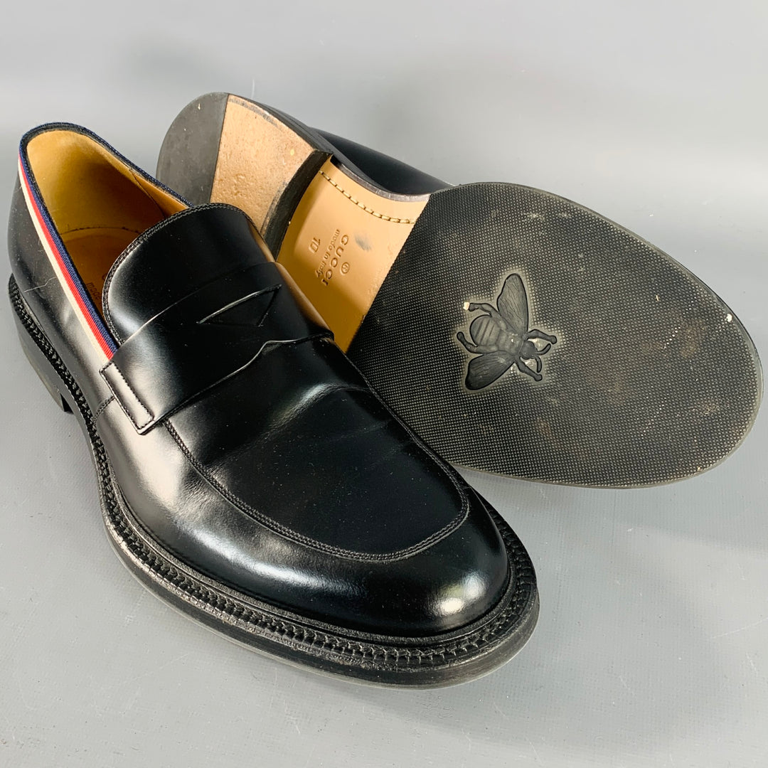 GUCCI Size 10.5 Black Red Blue Contrast Trim Leather Penny Loafers
