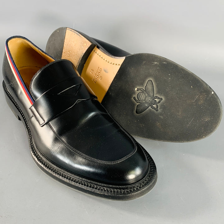 GUCCI Size 10.5 Black Red Blue Contrast Trim Leather Penny Loafers