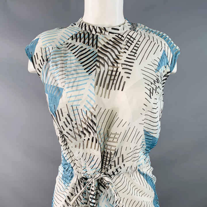 M.GRAY Size 6 White Blue Black Cotton Abstract Stripe Sleeveless Casual Top
