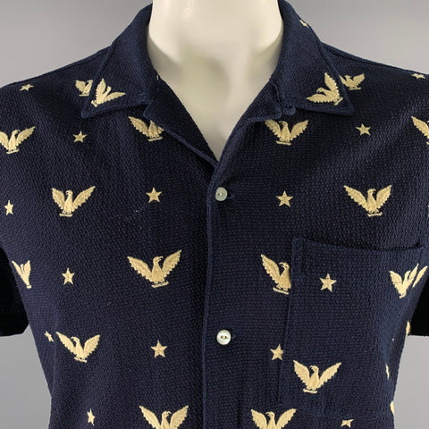 RRL by RALPH LAUREN Size XL Navy Cream Animal Print Cotton Short Sleeve Shirt