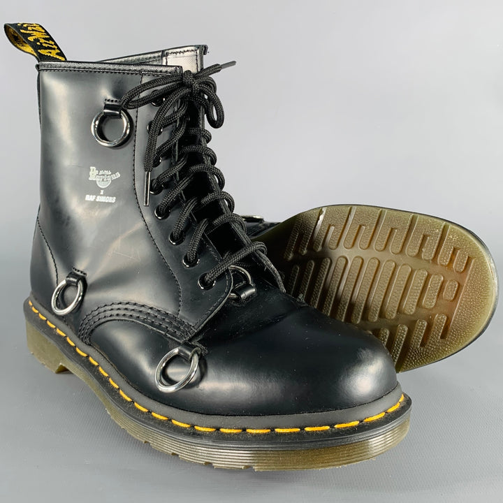 RAF SIMONS Size 9 Black Rings Leather Lace-Up Boots