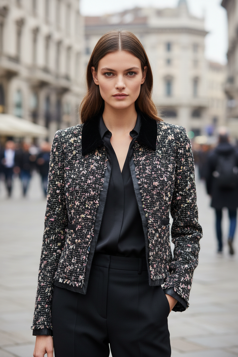 CHANEL Size 4 Black Multi-Color Wool Blend Open Front Jacket