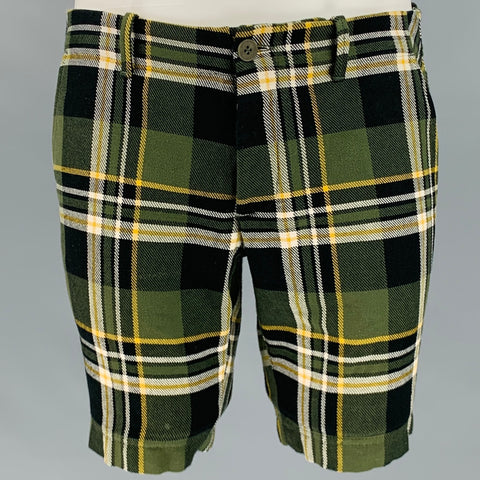 TOMAS MAIER Talla 31 Pantalones cortos con bragueta de botones de algodón a cuadros amarillo verde