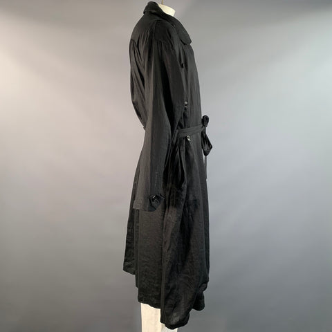 MONITALY Size L Black See Through Linen Double Breasted Coat