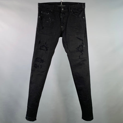 DSQUARED2 Size 32 Black Distressed Cotton Blend Slim Cut Button Fly Jeans