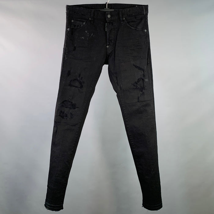 DSQUARED2 Size 32 Black Distressed Cotton Blend Slim Cut Button Fly Jeans