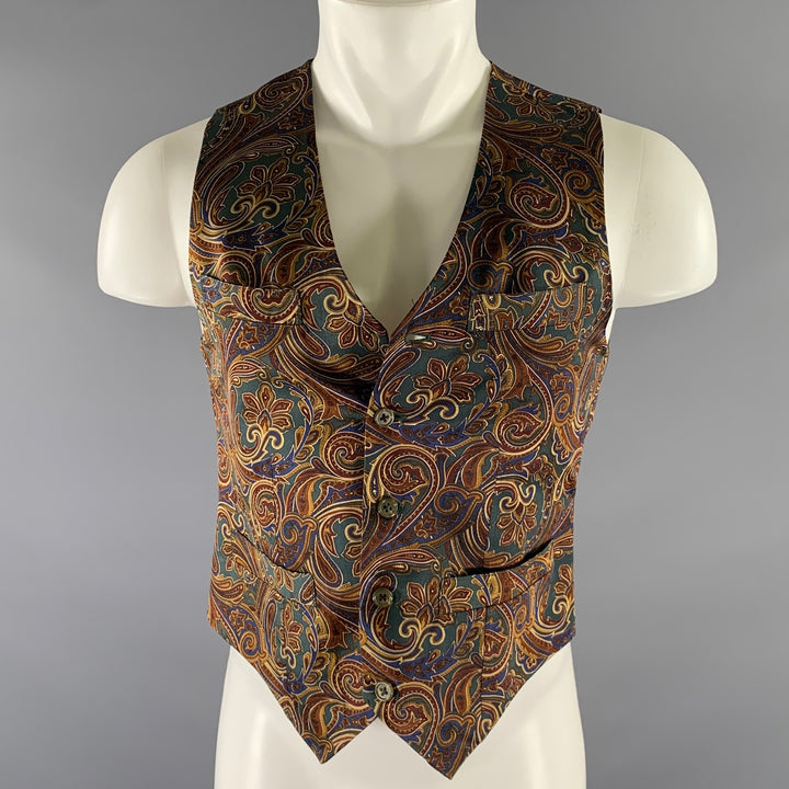 NORDSTROM Size S Green Burgundy Paisley Silk Vest