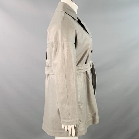 ALAIA Size 10 Grey Silver Cotton Twill Belted Double Breasted Coat