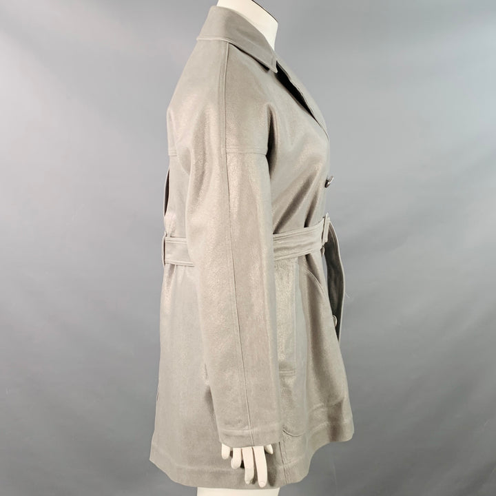 ALAIA Size 10 Grey Silver Cotton Twill Belted Double Breasted Coat