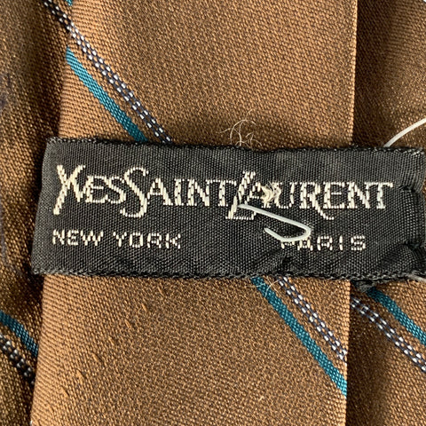 YVES SAINT LAURENT Vintage Brown Teal Diagonal Stripe Silk Skinny Tie