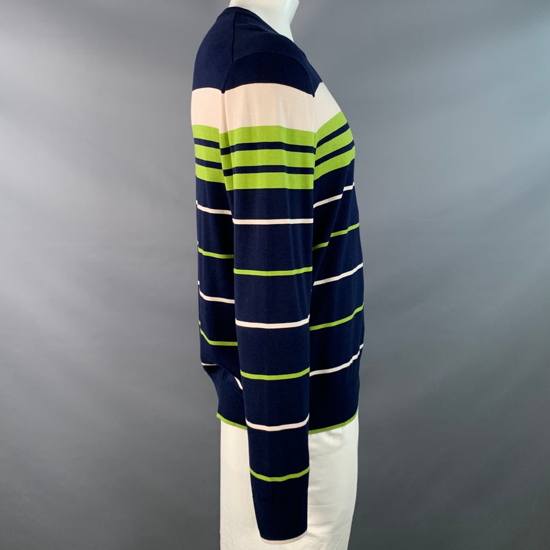 MR TURK Size XL Navy Green White Stripe Cotton Modal Crew Neck Pullover