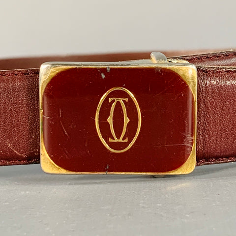 CARTIER Vintage Size 43 Burgundy Gold Logo Leather Skinny Belt