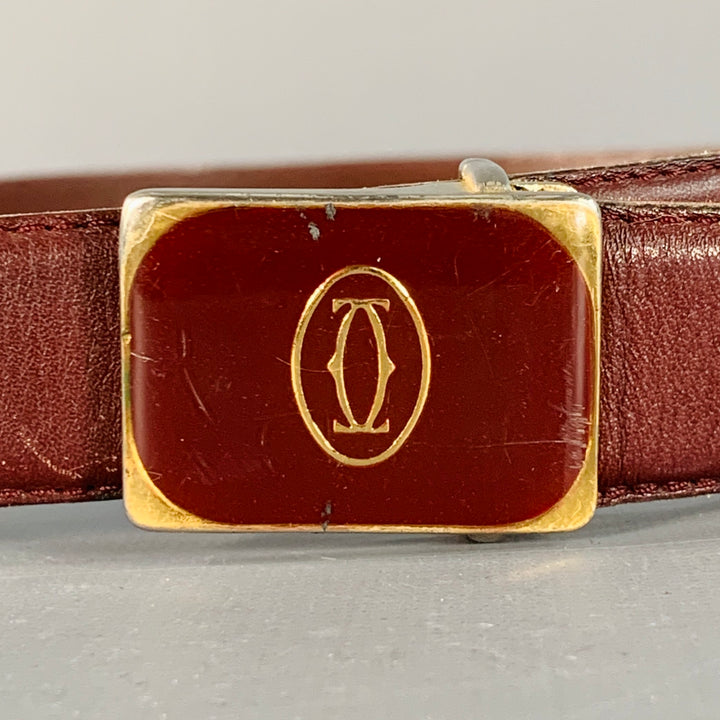 CARTIER Vintage Size 43 Burgundy Gold Logo Leather Skinny Belt