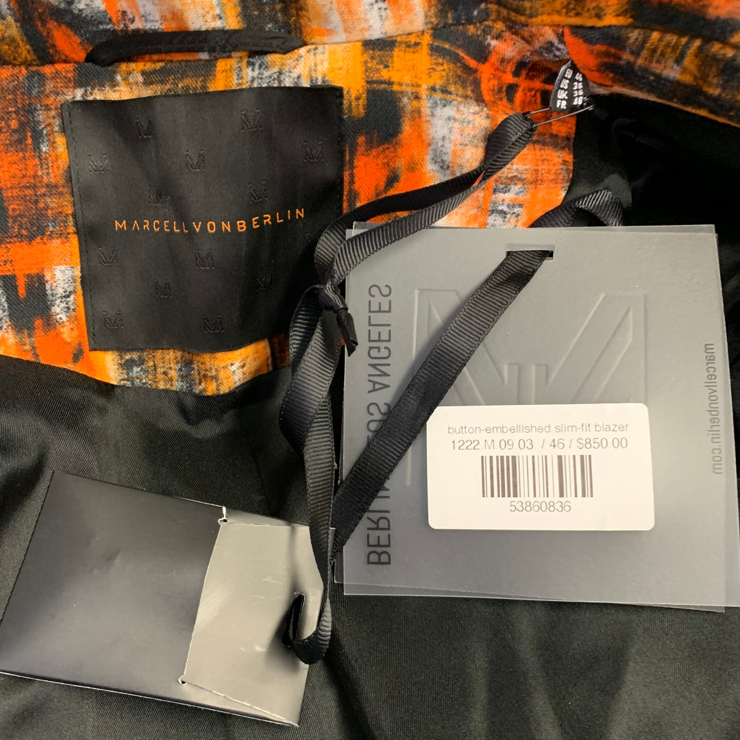 MARCELL VON BERLIN Size 36 Orange Black White Abstract Print Cotton Slim Fit Sport Coat