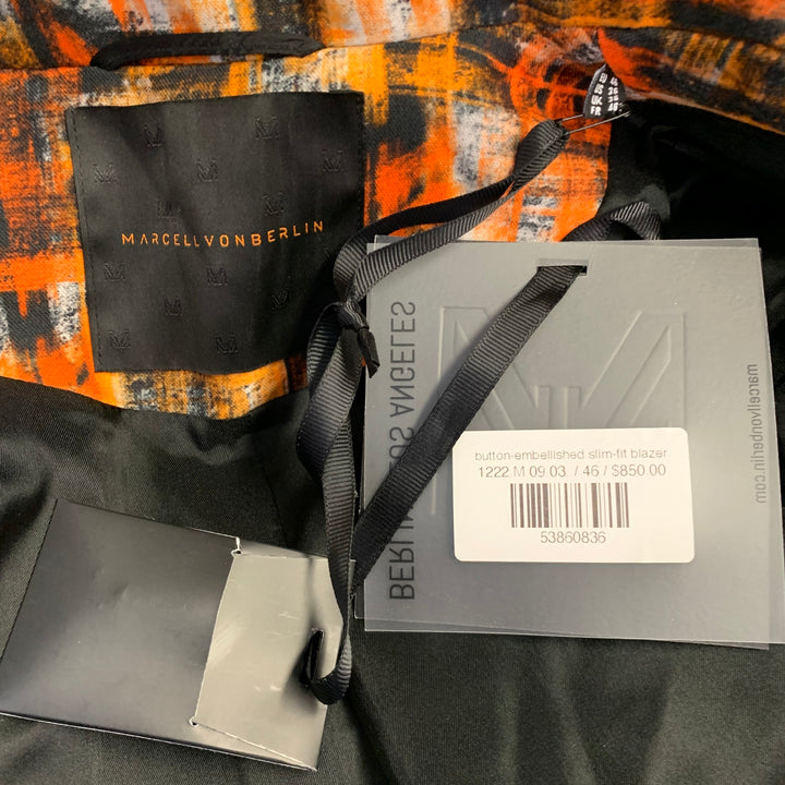 MARCELL VON BERLIN Size 36 Orange Black Abstract Print Cotton Sport Coat