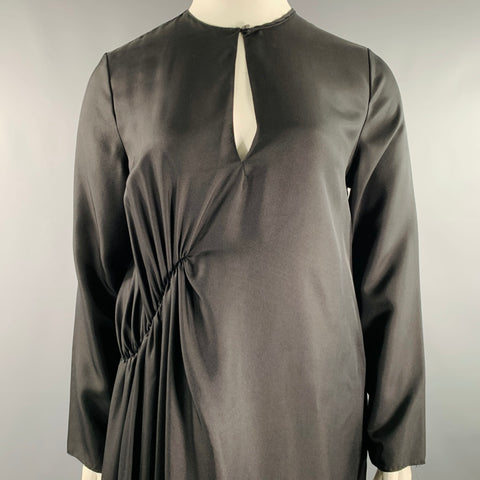 ESSE Size 8 Black Silk Ruched Long Sleeve Long Dress